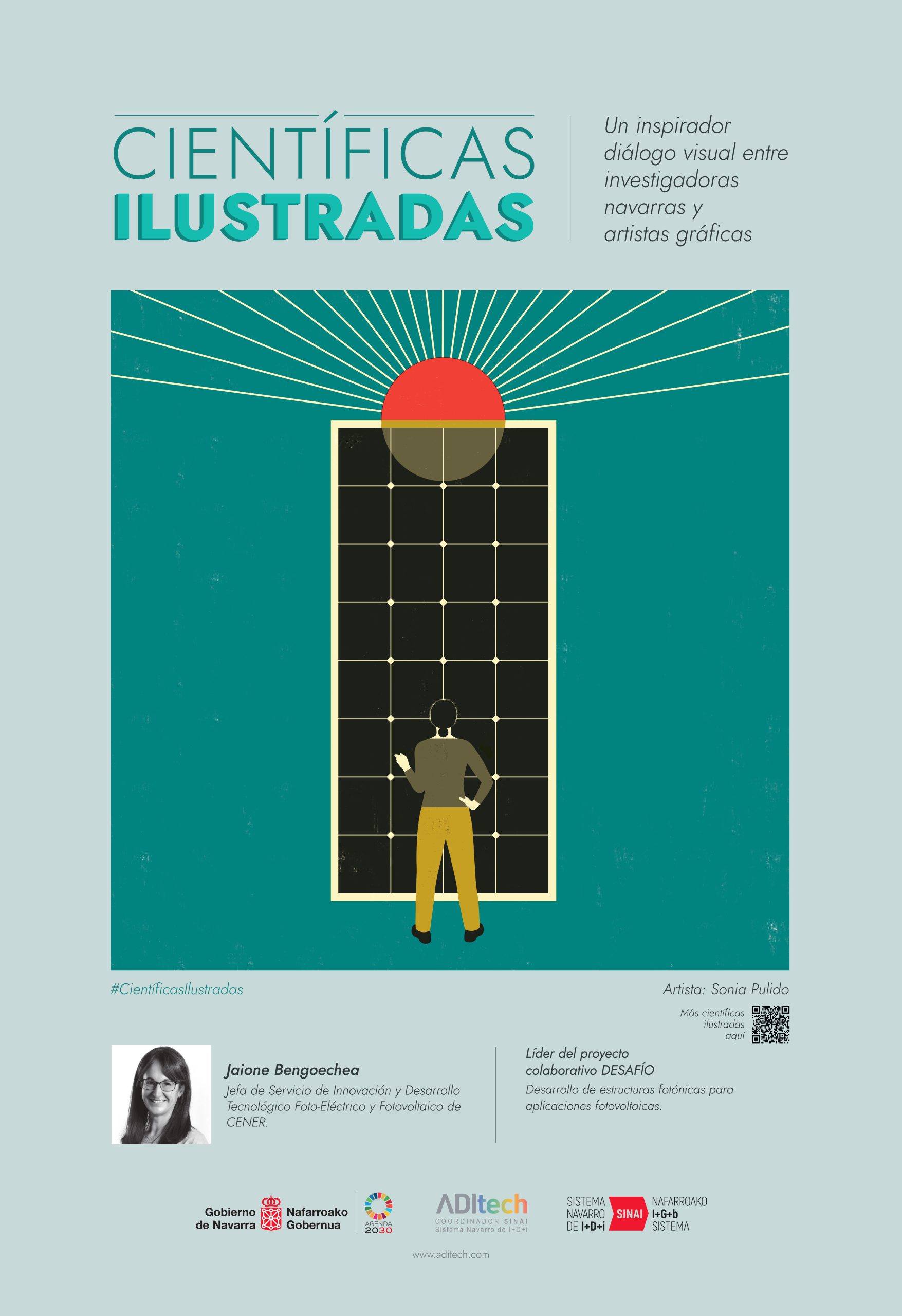 Última Ilustración del proyecto científicas ilustradas de ADItech. Ilustración a raíz del diálogo entre la investigadora Jaione Bengoechea y la artista Sonia Pulido. En la ilustración se ve a una mujer empoderada frente a un panel solar con un sil naranja y sus rayos expandiéndose.